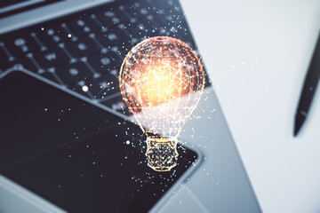 Aufkleber - Creative idea concept with light bulb illustration on modern laptop background. Multiexposure