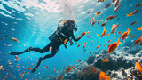 Fototapeta Do akwarium - woman in a mask diving underwater, snorkeling, ocean, swimming, coral reef, sea, blue water, beauty, fish, dive, summer, sport, vacation, active
