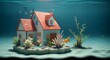 house under water, fish, algae