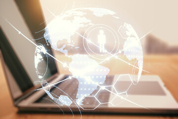 Poster - Social network media concept with world map and modern computer on background. Double exposure