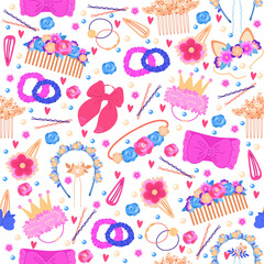 Wall Mural - Seamless pattern with embellishments for baby girl. Hair accessories. Hairstyle ribbons. Hairgrips or hairbands. Cute hairpins. Little crown and flowers. Repeated print. Vector background