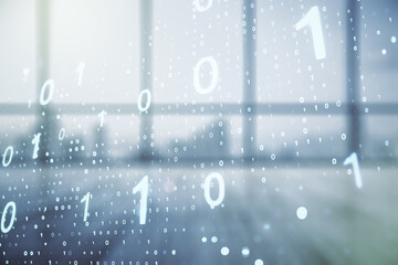 Aufkleber - Abstract virtual binary code sketch on empty classroom background, hacking and matrix concept. Multiexposure