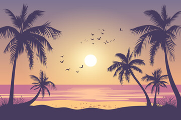 Canvas Print - Evening sunset on a paradise beach. Beautiful sandy beach with silhouettes of palm trees. A stunning picture for relaxing on a flat seat. Palm trees at sunset. Summer holidays or holidays. 