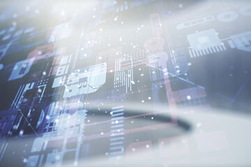 Poster - Abstract virtual coding concept on empty corporate office background. Multiexposure