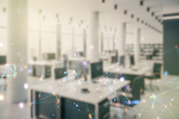 Poster - Abstract virtual wireless technology hologram on a modern furnished classroom background, artificial intelligence and machine learning concept. Multi exposure