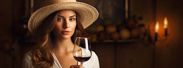 young beautiful girl in a hat drinks wine