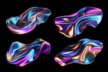 Poster - Bold holographic metal shapes isolated. Futuristic colorful melted liquid metal forms