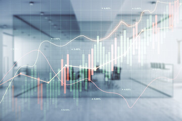 Abstract virtual financial graph hologram on a modern furnished classroom background, financial and trading concept. Multiexposure