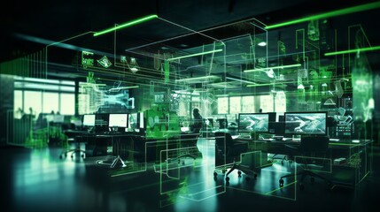 Poster - Blurred neon cyberpunk office: modern open space with it overlay for corporate strategy in finance, operations, and marketing