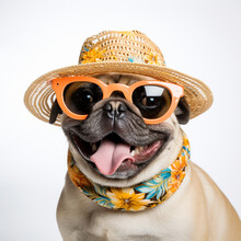 A Smiling Pug Dog Wears Extraordinary Glasses And A Straw Hat In Summer Clothes On A White Background