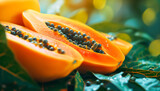 A sliced ripe papaya with vibrant orange flesh and black seeds exposed. The papaya is placed on top of wet green leaves. The background is blurred with bokeh effect.