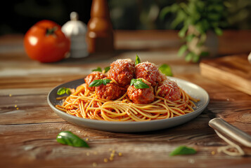 Wall Mural - Pasta with meatballs and basil on a plate, on top of a wooden table, with tomato and pepper grinder in the background