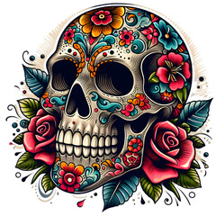 Wall Mural - Skull Tattoo Illustration Art On A Transparent Background Generative AI.