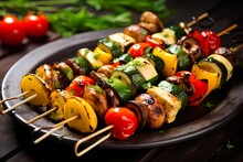 A Platter Of Grilled Vegetable Kebabs, Featuring Marinated Mushrooms, Zucchini, Bell Peppers, And Cherry Tomatoes.