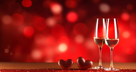 valentines day background with champagne glasses on red