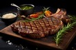 A mouthwatering T-bone steak, grilled to a juicy medium doneness, adorned with grill marks and a sprinkle of salt.