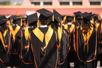 Wall Mural - Rear view of university graduates wearing graduation gown and cap in the commencement day