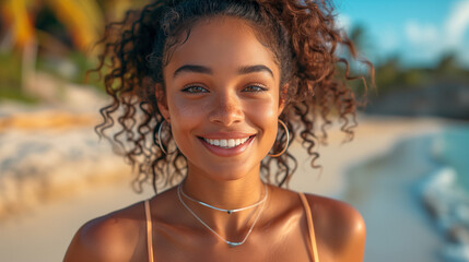 Sticker - Gorgeous Beach Beauty with Curly Hair and Sun-Kissed Skin