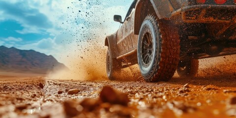 Off road car is driving fast by a dirty road