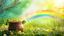 Leprechauns Bounty, Pot Of Gold, Rainbow Backdrop A Magical St. Patricks Day Illustration, Blending Whimsy With The Vibrant Spirit Of The Holiday. St. Patricks Day Concept.