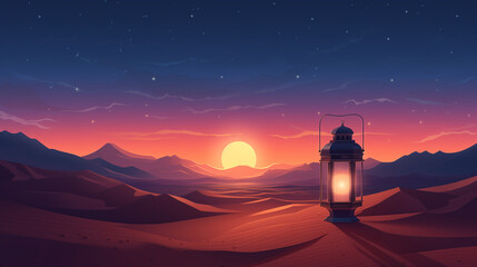 Wall Mural - The light of Ramadan. Illustration of lanterns in the desert shining at night during Ramadan.	