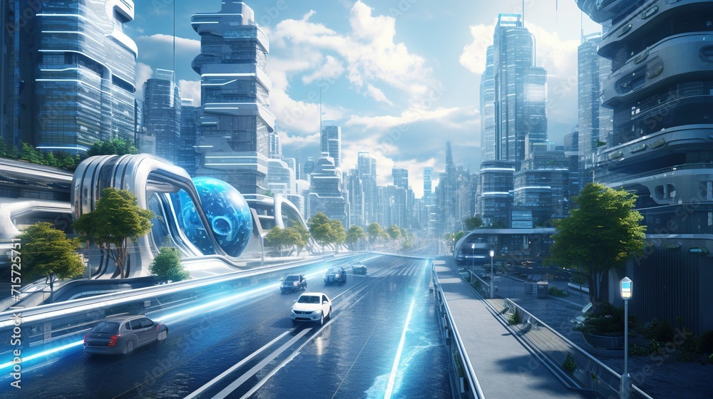 Smart city with futuristic street and holographic display for advance ...