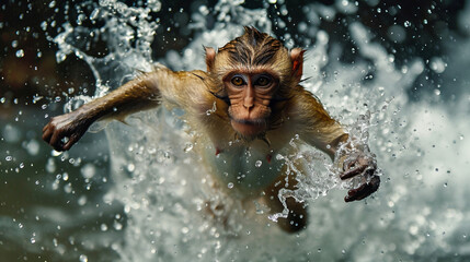 Wall Mural - Monkeys swimming in the water