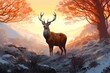 Digital painting of a deer in the forest at sunset,