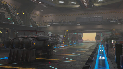 Poster - Inside a large science fiction hanger on a fantasy alien planet with desert landscape seen through an open door. 3D rendering.