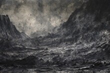 Illustration Of A Stormy Sea With Black And White Clouds