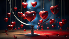 Newton's Cradle Replaced With Cascading Red Hearts, Each Heart Symbolizing A Rebound Of Emotion, Creating A Harmonious Choreography Of Feelings. Valentine's Day. AI Generative.