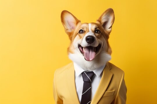 animal pet dog concept Anthromophic friendly Cardigan Welsh corgi dog wearing suite formal business suit pretending to work in coporate workplace studio shot on plain color wall