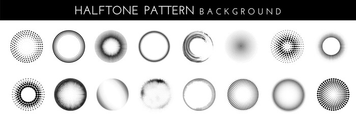 Set of halftone circles. Black gradient circles of dots. Elements with gradation points texture.