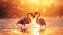 Two Flamingos Falling In Love Under The Sunset