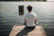 Man Sitting on Dock by Waters Edge, Relaxing and Enjoying the Scenic View. Generative AI.