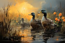 A Serene Painting Captures A Group Of Lively Ducks Swimming Among Vibrant Plants In A Peaceful Pond Under The Watchful Eye Of Fluffy Clouds In The Clear Blue Sky