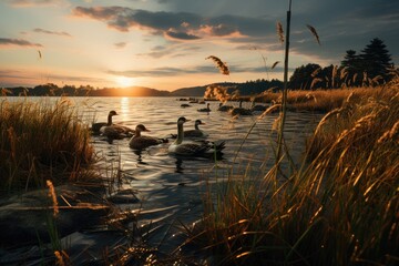 Wall Mural - A serene sunset paints the sky as a flock of ducks glide gracefully on the still waters of the lake, surrounded by lush grass and plants, creating a picturesque outdoor landscape