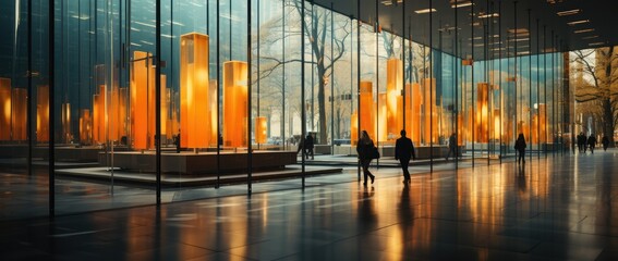 Poster - A bustling cityscape is mirrored in the sleek glass walls of a modern building, as people stroll through the luminous interior, surrounded by striking works of art and impeccable architecture