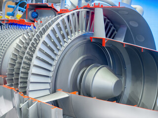 Poster - fragment gas turbine. equipment for energy industry. gas turbine cross-sectional view. steel part fo