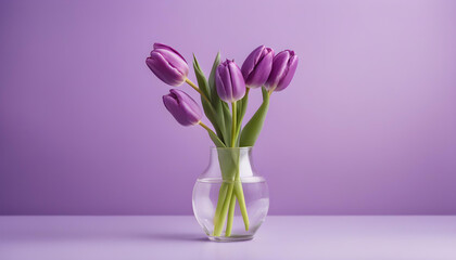 Wall Mural - Purple violet tulip in a glass vase on pastel violet background.