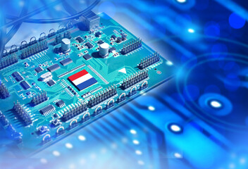 Poster - Processor with flag of Netherlands. CPU production in Holland. Graphics processor for computer. CPU chip from Netherlands. Background with computer board. CPU processor from Netherlands. 3d image