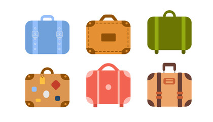 Wall Mural - Set of luggage bags for planes, trains for travel. Various kinds of travel luggage. Bag, backpack cabin luggage and check in baggage. Vector illustration in flat design.	