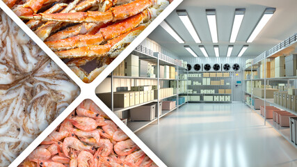 Refrigerated warehouse with seafood. Industrial freezer. Shrimp inside spacious refrigerator. Frozen seafood close-up. Supermarket refrigerated warehouse. Cold chamber for restaurant