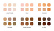 Skin tone set of six group. Skin types rounded square tones with names. Light pale, pale, brown, tanned, dark brown and black skin tone shades - Vector Art