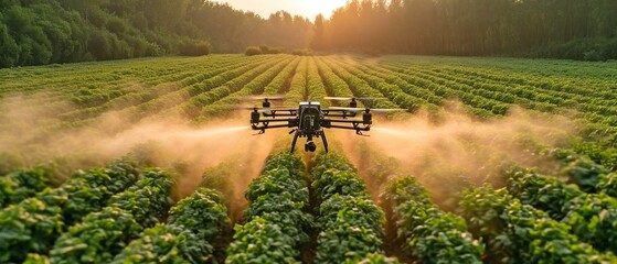 applying fertiliser using a drone to green vegetable plants farm automation and agriculture technolo