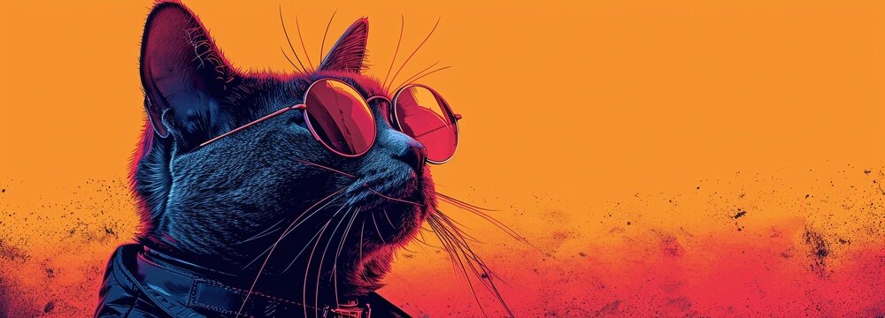 An orange-toned background surrounds a cool purple cat in a minimalist illustration. Idea for a modern, whimsical, and enjoyable feline design