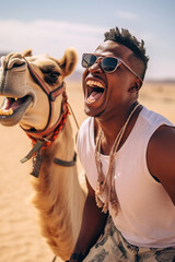 Wall Mural - Happy African American tourist having fun enjoying group camel ride tour in the desert