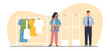 Woman steals things from store. Female character shoplifting in shop, Thief and security guard. Anti-theft sensor gate. Stealing clothes. Cartoon flat isolated vector kleptomania concept