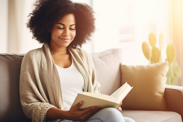 Poster - Pensive relaxed African American woman reading a book at home, drinking coffee sitting on the couch. Copy space