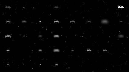 Poster - Template animation of evenly spaced bike symbols of different sizes and opacity. Animation of transparency and size. Seamless looped 4k animation on black background with stars